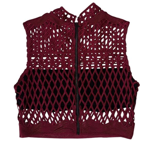 Self-Portrait Cutwork Burgundy Mesh Crop Top & Midi Skirt Set Size 8 - Picture 5 of 16